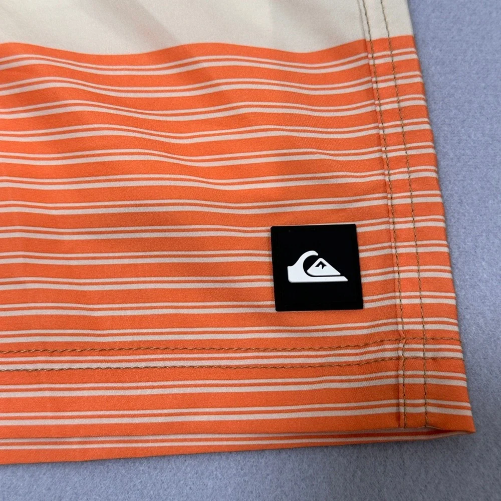 Quiksilver Swim Trunks Mens Large Tan Orange New Striped 7 Inseam Board Shorts